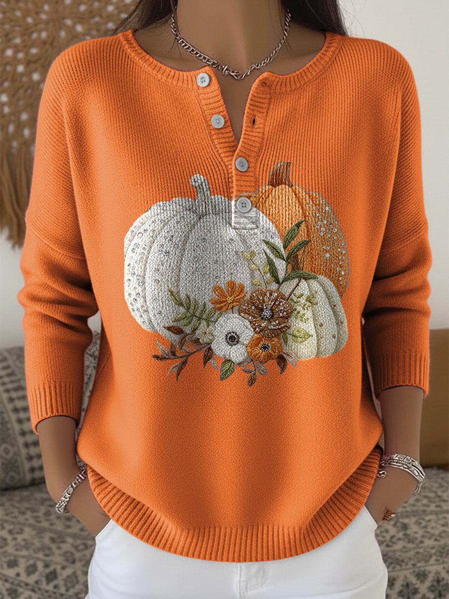 Women's Thanksgiving Pumpkin Floral Art V-Neck Sweater