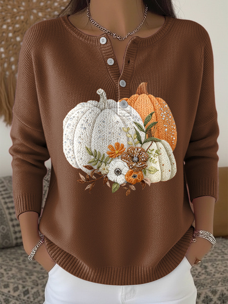 Women's Thanksgiving Pumpkin Floral Art V-Neck Sweater