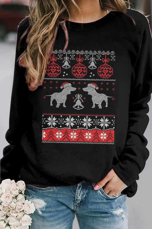 Women's Christmas Sausage Dog Printed Round Neck Raglan Sweatshirt
