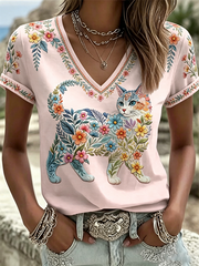 Women's Floral Cats Print Casual V-Neck Tee