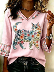 Women's Floral Cats Print Casual Top