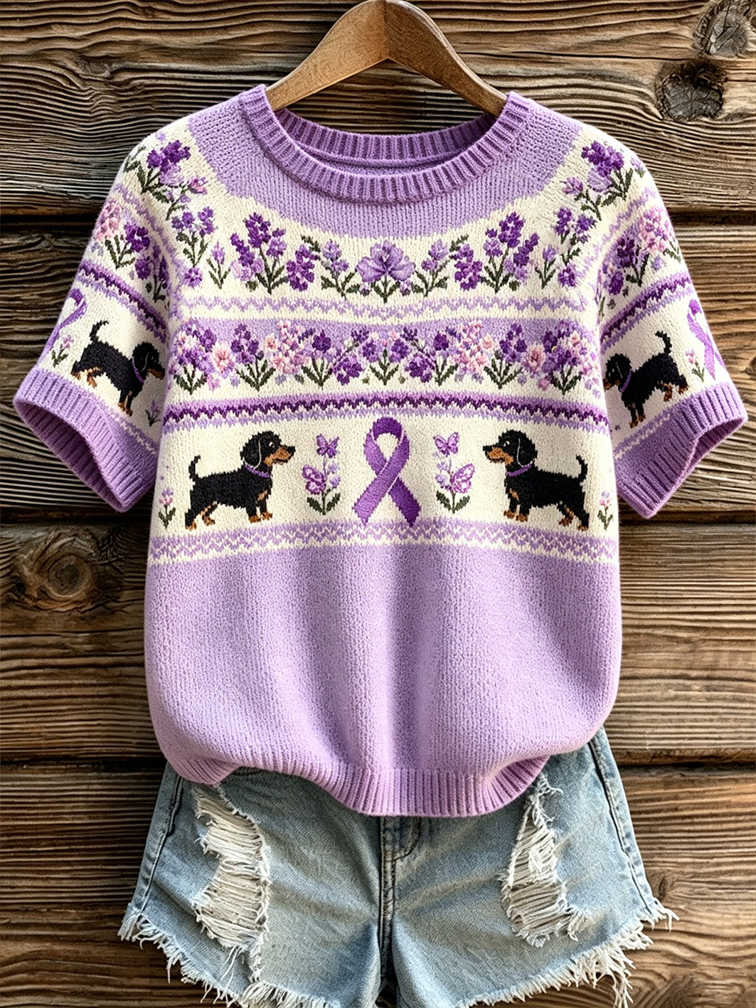 Women's cute dog with purple charity ribbon pattern printed casual short-sleeve knitted top