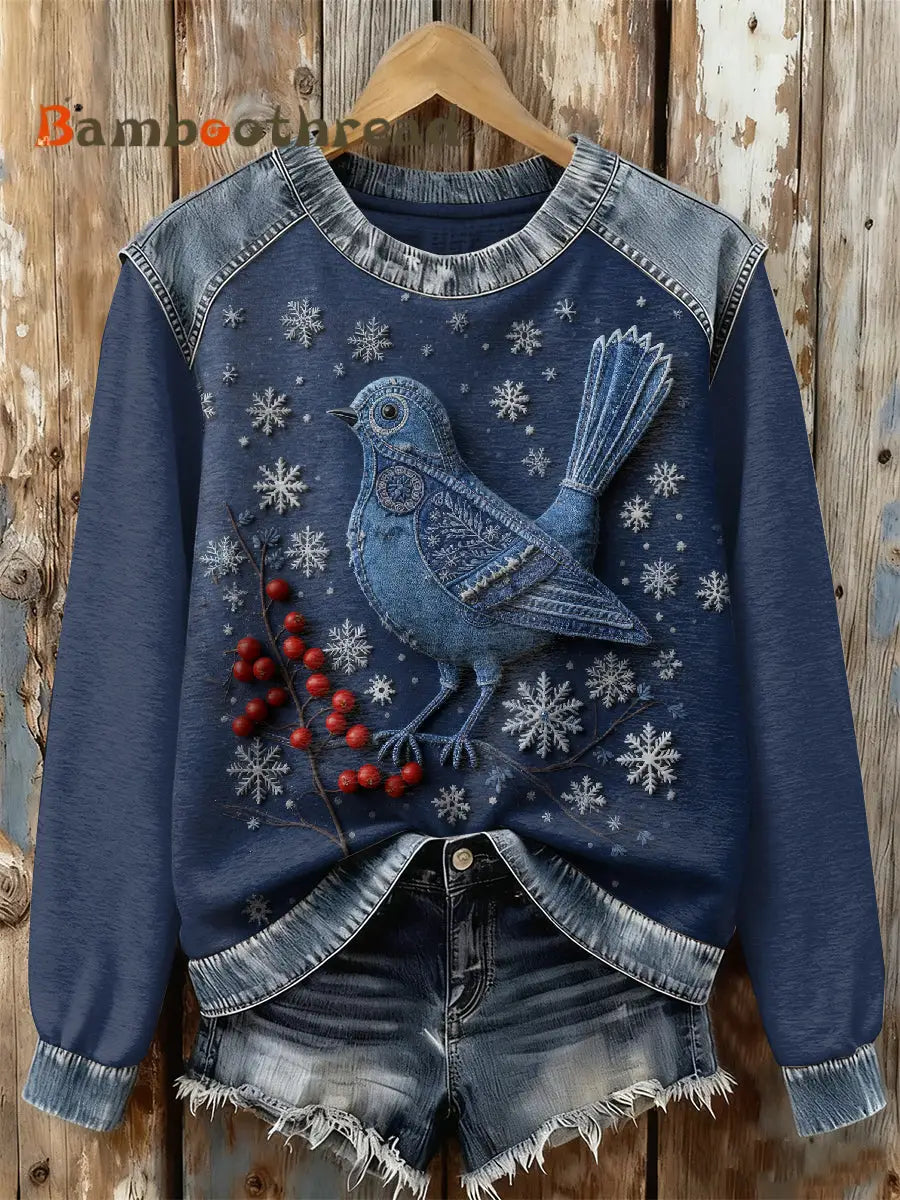 Gorgeous Christmas Bird Print Casual Long Sleeved Sweatshirt As picture / S