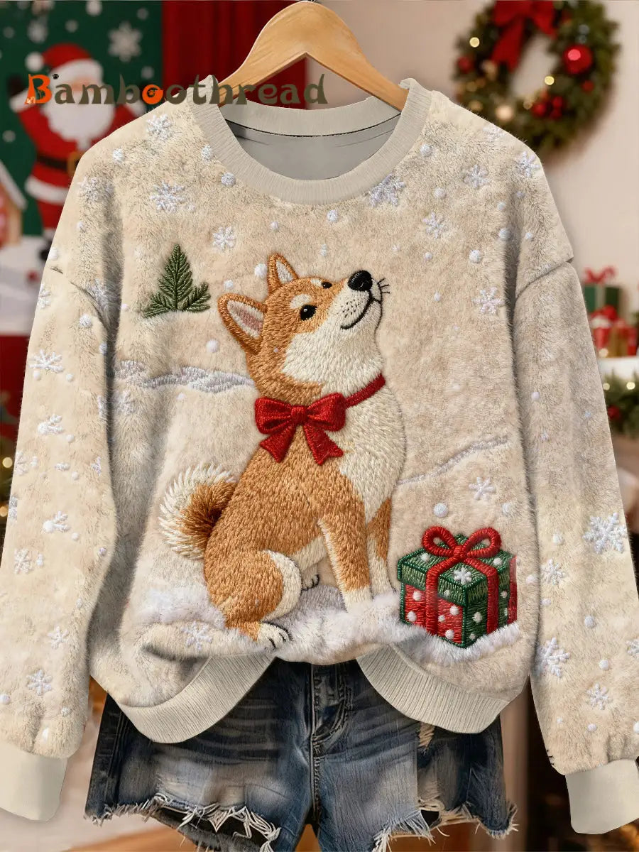 Gorgeous Christmas Shiba Inu Pattern Casual Long Sleeved Sweatshirt As picture / S
