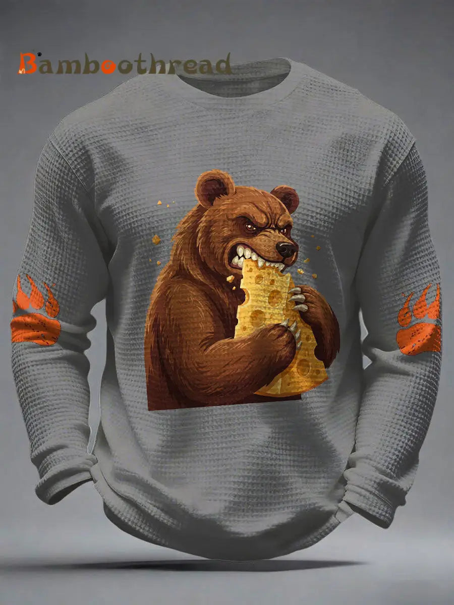 Men’s Bears Eating Cheese Football Lover Printed Waffle Tops Light Gray / S