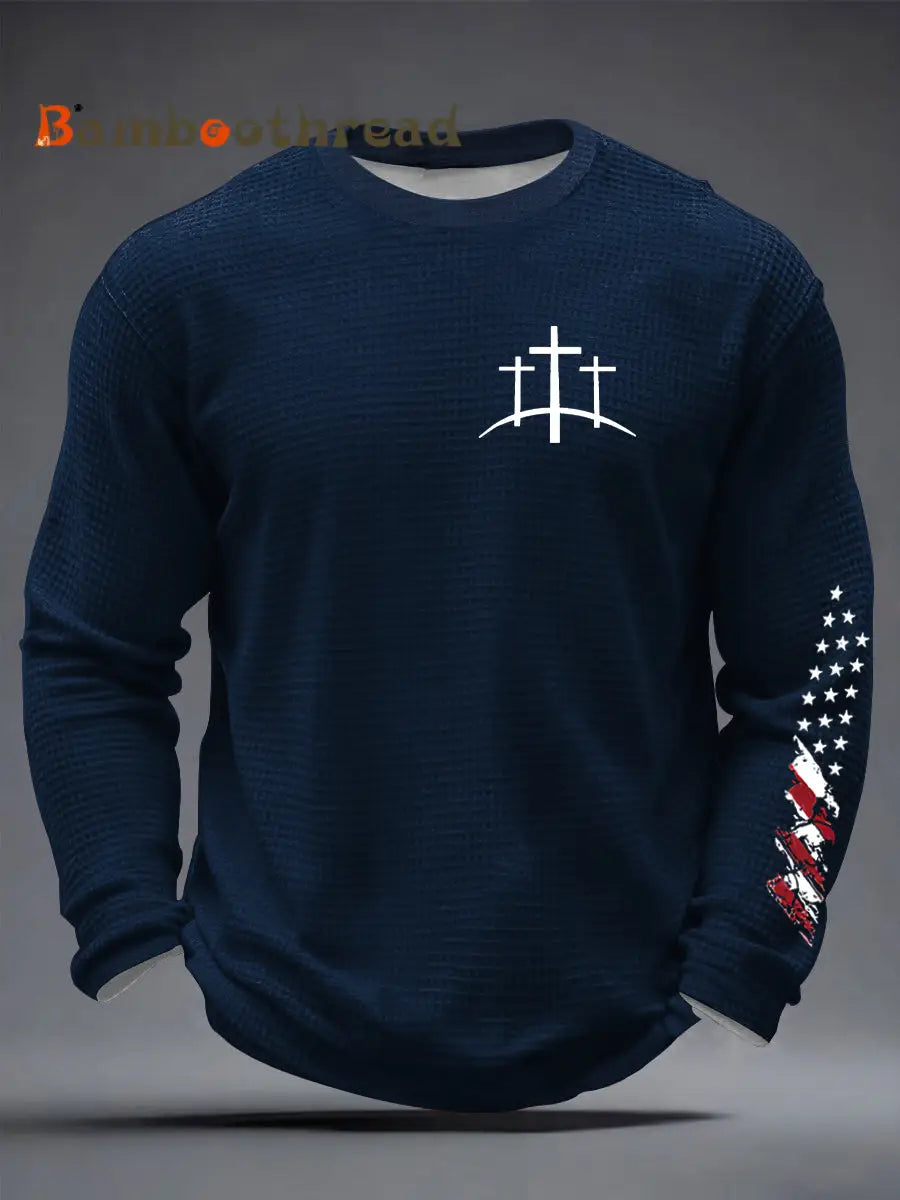 Men’s Christian Cross Waffle Long Sleeve T-Shirt Navy Blue / S