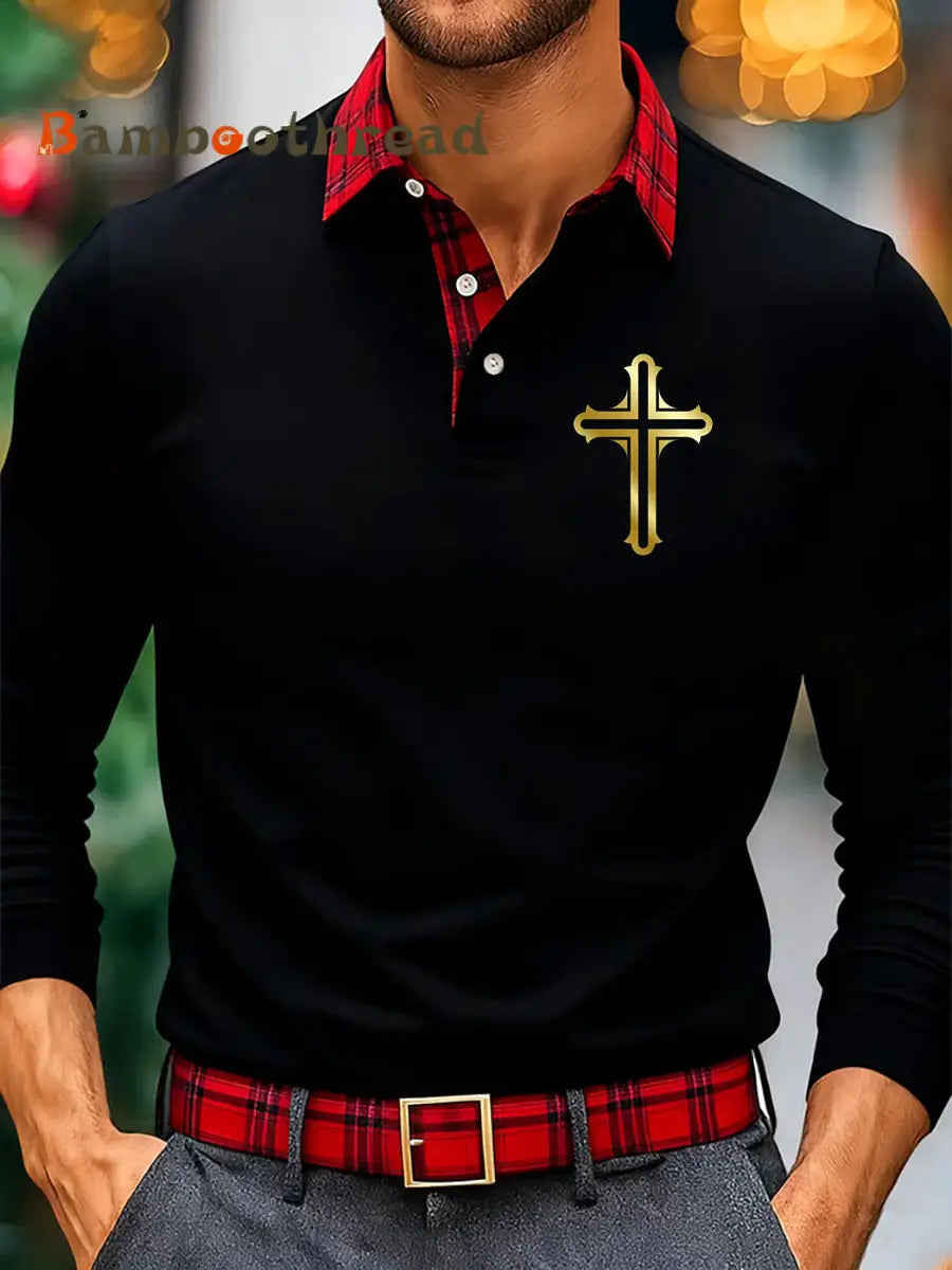 Men’s Christmas Plaid Faith Print long sleeve shirt Black / S