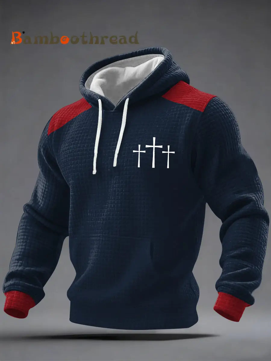 Men’s Cross Faith Print Casual Checkered Hoodie Navy Blue / S