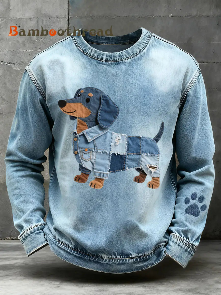 Men’s Denim Patchwork Art Dachshund Pattern Sweatshirt Blue / S
