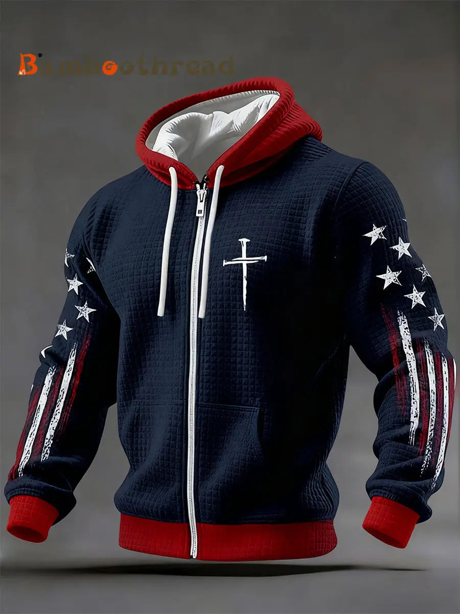 Men’s Faith Cross Checkered Cotton Zip-Up Hoodie Navy Blue / S