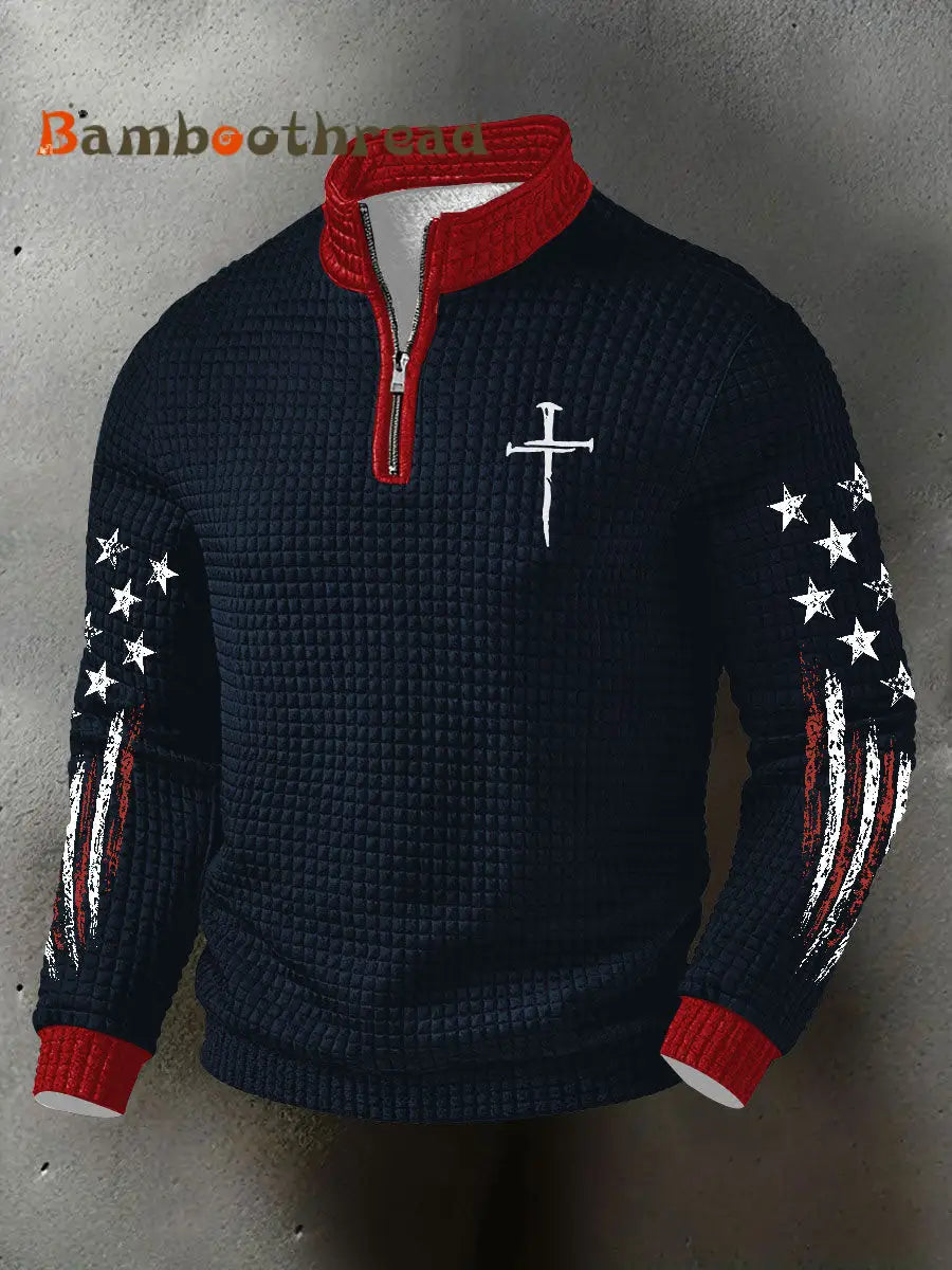 Men’s Faith Cross Checkered Cotton Zipper Hoodie Navy Blue / S