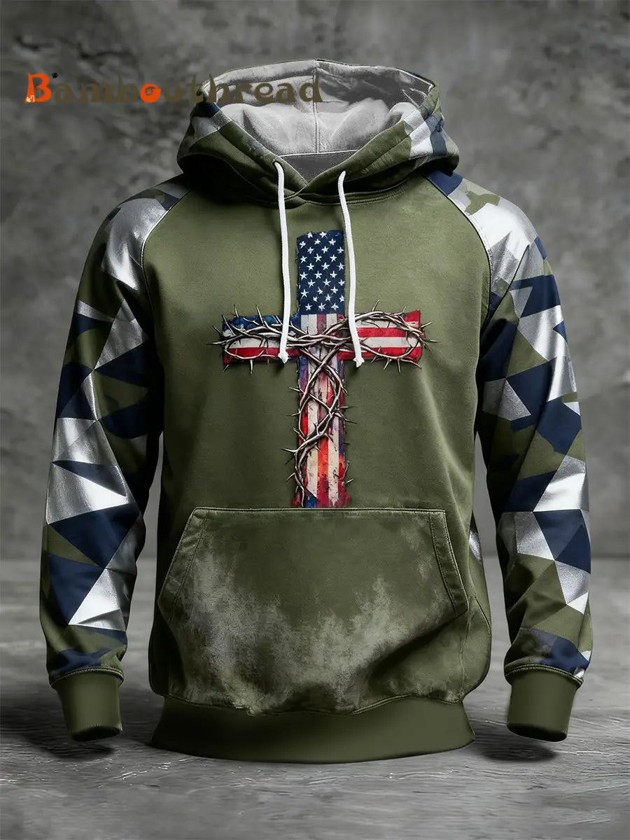 Men’s Flag Cross Camouflage Oversized Drop-Shoulder Hoodie With Pockets Army Green / S