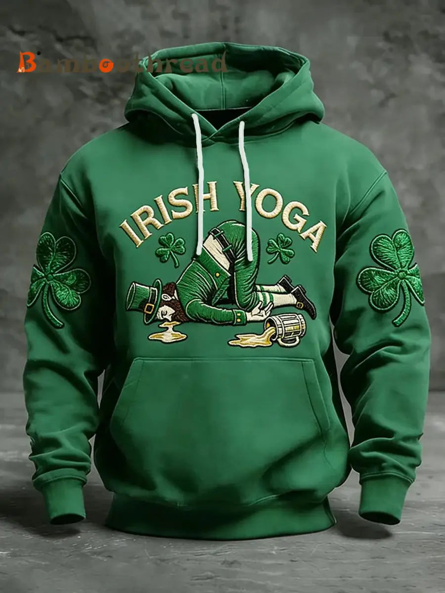 Men’s Funny St Patrick’s Day Irish Yoga Shamrock Print Casual Hoodie Green / S