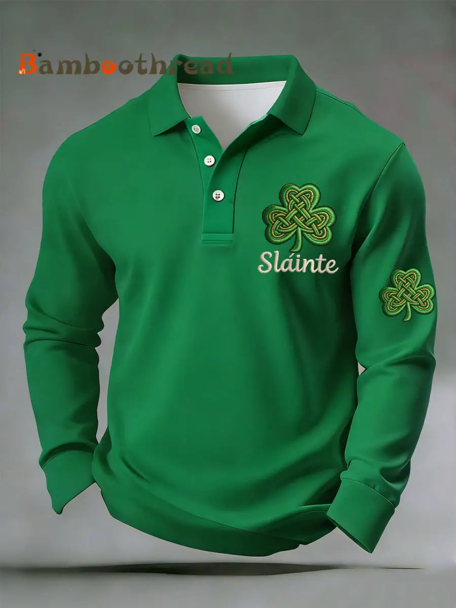 Men’s Funny St. Patrick’s Day Sláinte Shamrock Print Casual Long-Sleeve Top Green / S