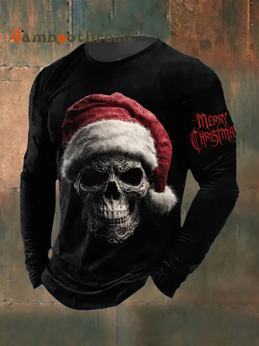 Men’s Gothic Santa Claus Printed Long Sleeved Round Neck T-shirt Black / S