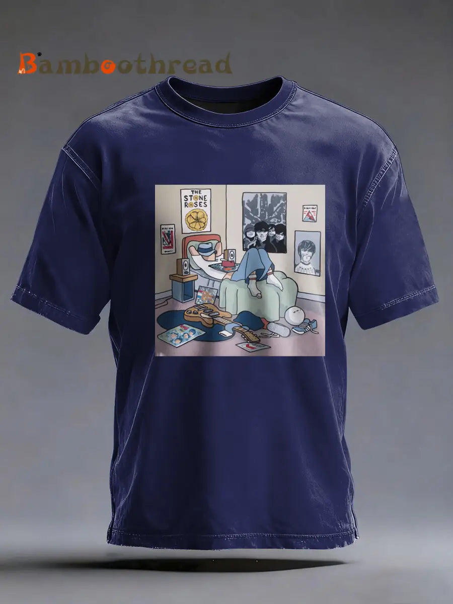 Men’s Lemon Roses Music Lover Printed imitation cotton short-sleeved T-shirt Navy Blue / S