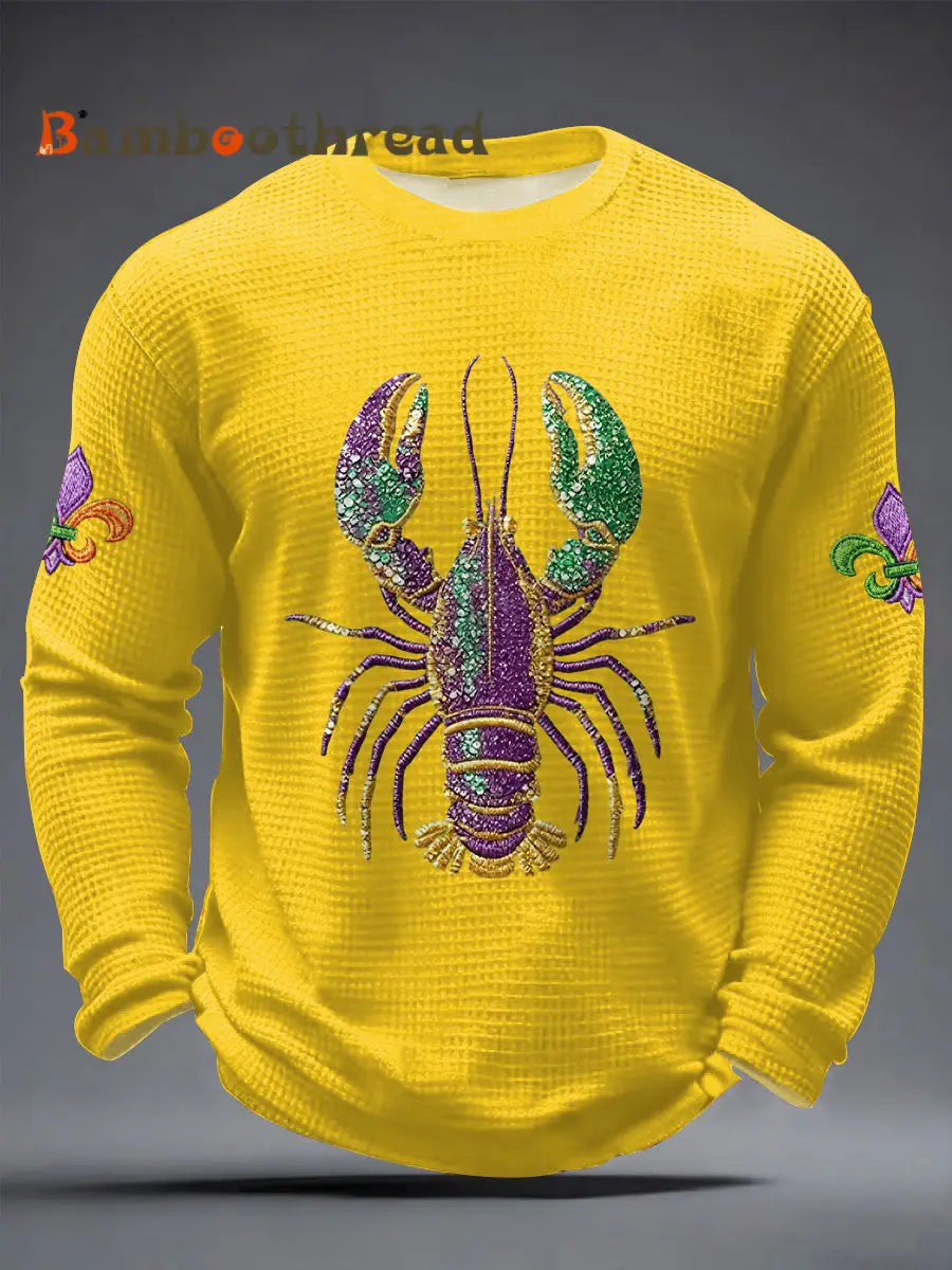 Men’s Mardi Gras Lobster Fleur De Lis Print Casual Waffle Long Sleeve T-Shirt Yellow / S