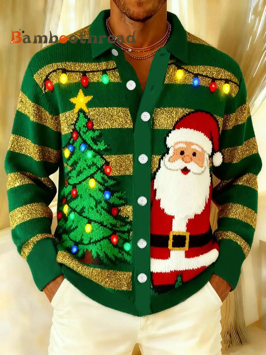 Men’s Santa Christmas Tree Button-Up Shirt Green / S