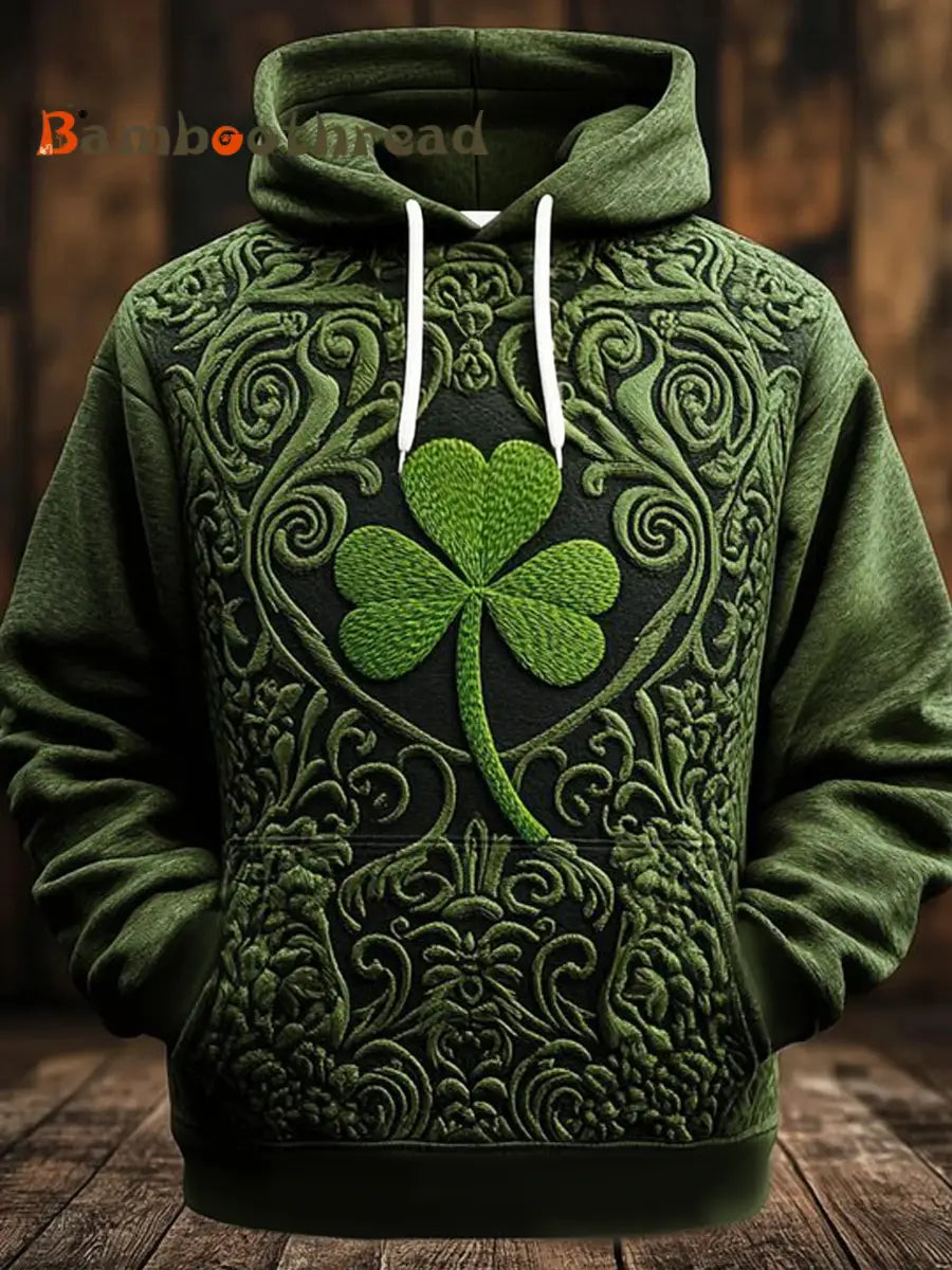 Men’s St. Patrick’s Day Green Shamrock Art Print Oversized Drop-Shoulder Hoodie with Pockets Green / S