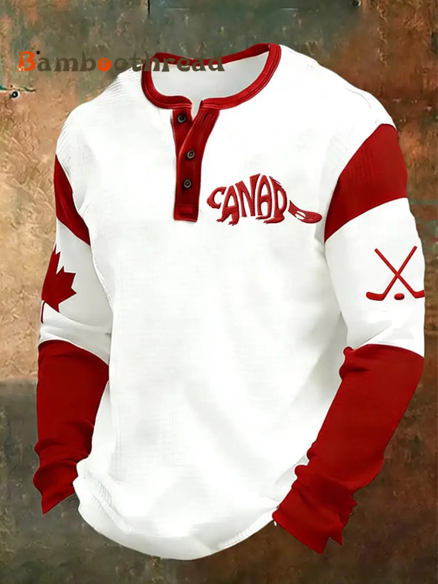 Men’s Vintage Canada Hockey Printed Casual Henley Shirt White / S