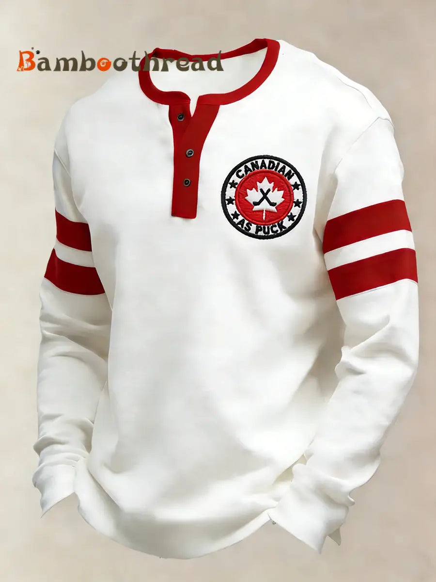 Men’s Vintage Canadian Hockey Emblem Casual Henley Shirt White / S
