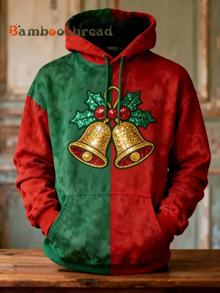 Retro Christmas Sequined Bell Patchwork Print Casual Long Sleeve Pocket Sweatshirt Red / S