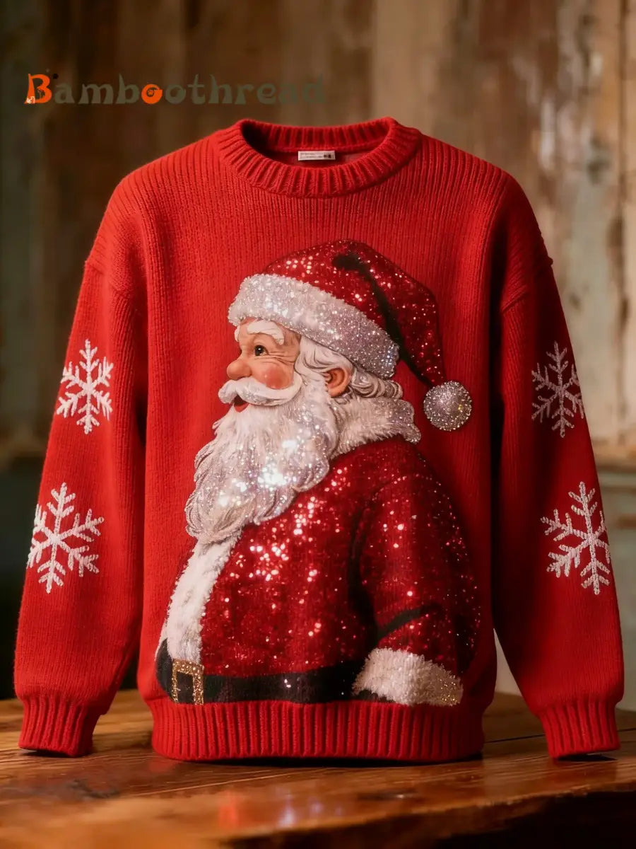 Retro Christmas Sequins Santa Claus Snowflakes Art Print Long-sleeve Sweater Red / S