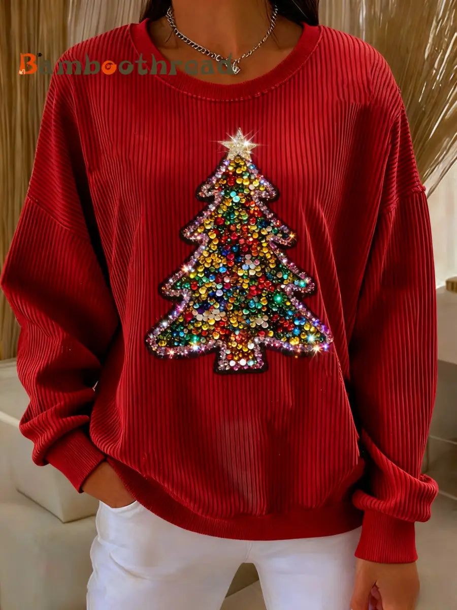 Retro Christmas Tree Colourful Sequins Loose Long Sleeved Sweatshirt Red / S