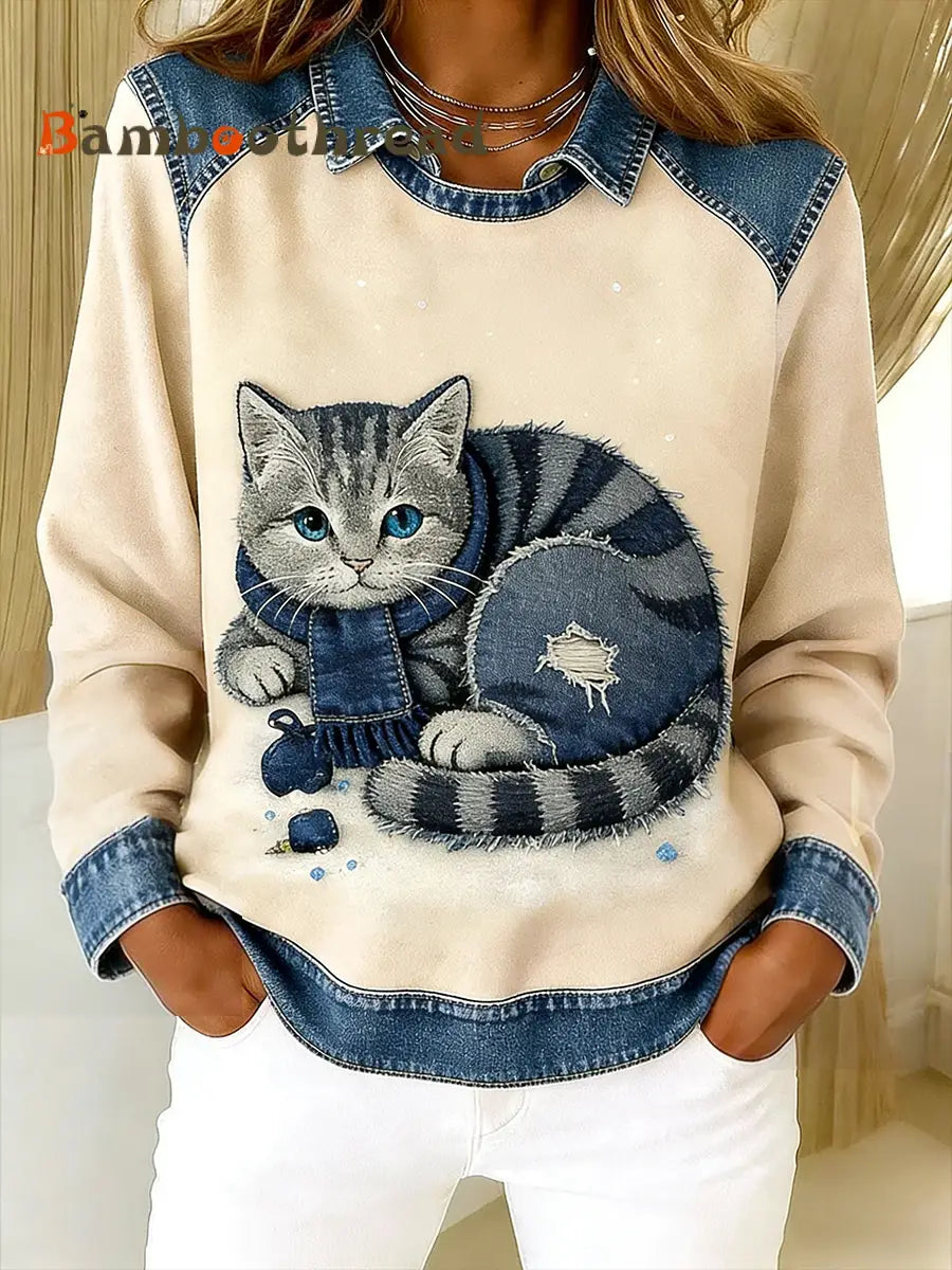 Retro Cute Cat Denim Scarf Patchwork Printed Casual Loose Long Sleeve Lapel Sweatshirt Apricot / S