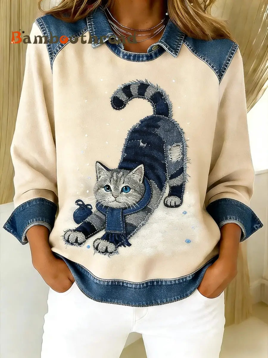 Retro Cute Cat Denim Scarf Patchwork Printed Casual Loose Long Sleeve Lapel Sweatshirt Apricot / S