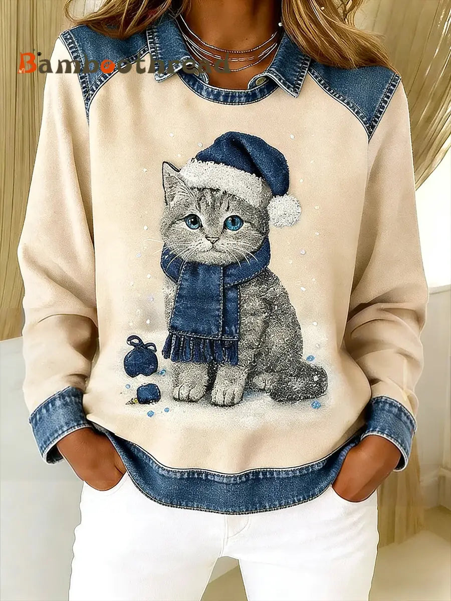 Retro Cute Cat Denim Scarf Patchwork Printed Casual Loose Long Sleeve Lapel Sweatshirt Apricot / S