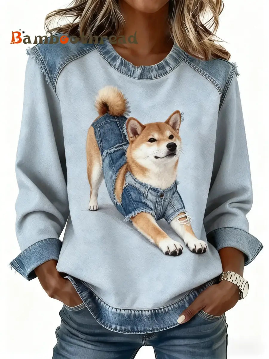 Retro Cute Dog Denim Patchwork Print Long-Sleeved Top Blue / S