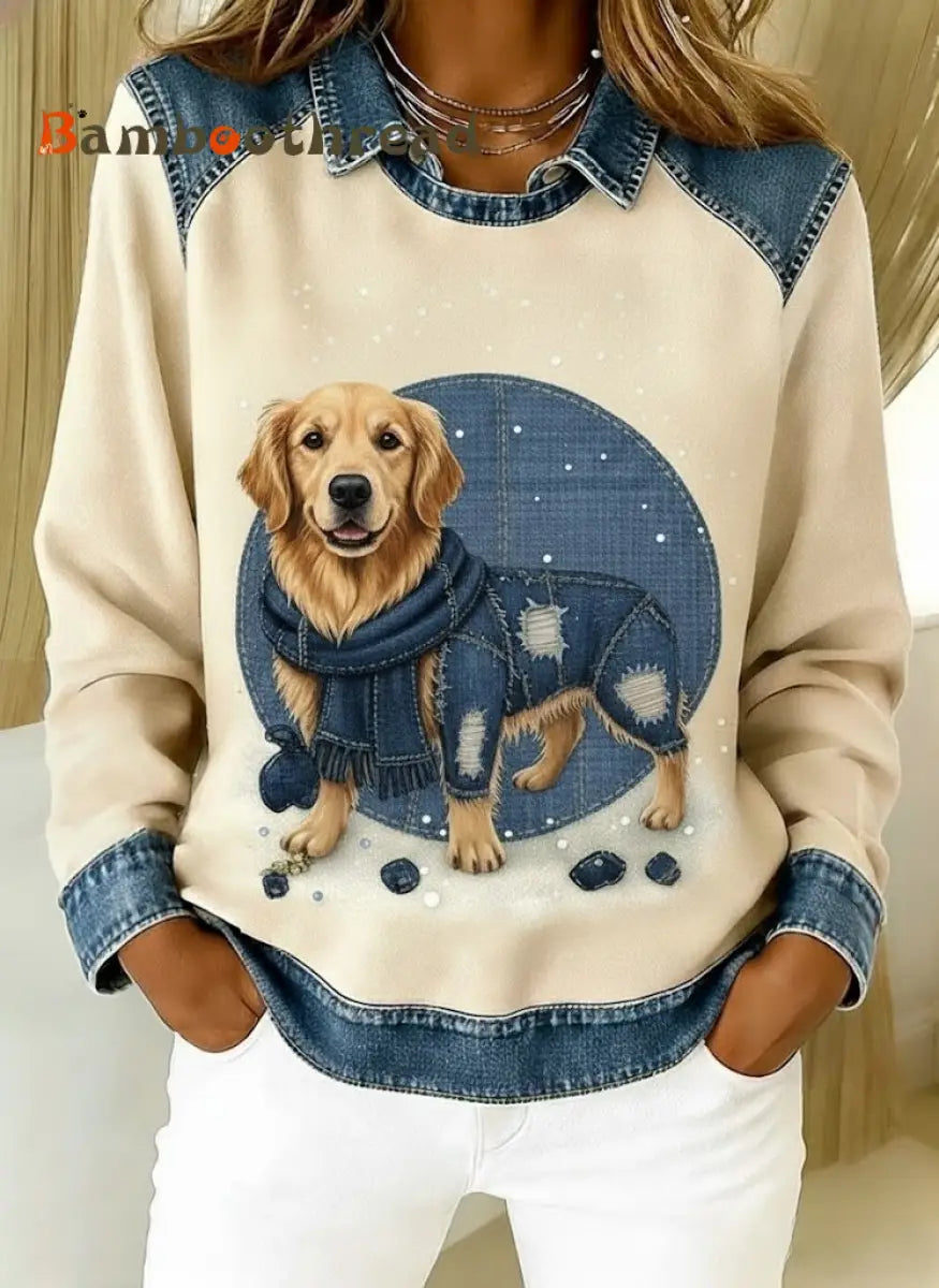 Retro Cute Dog Denim Scarf Patchwork Printed Casual Loose Long Sleeve Lapel Sweatshirt Beige / S