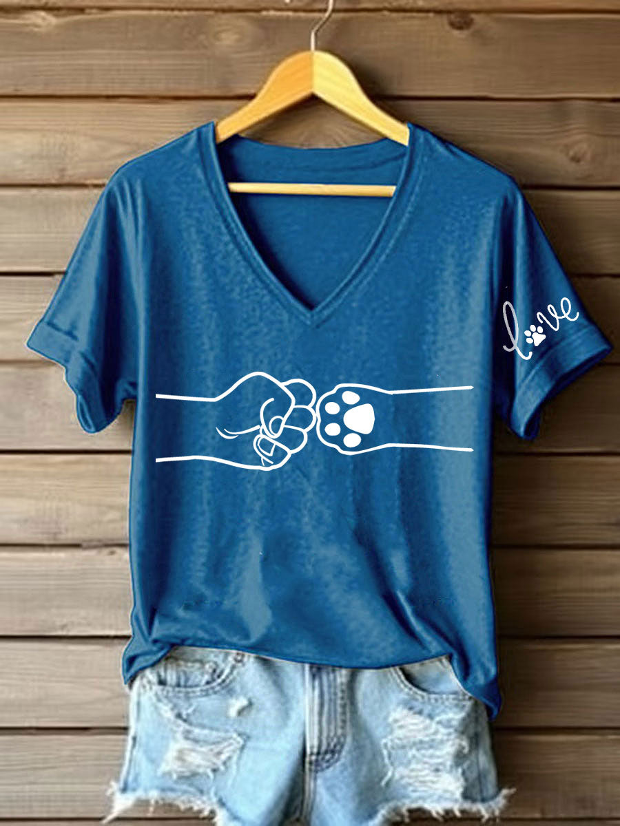 Women's Paw And Hand Printed Casual T-Shirt