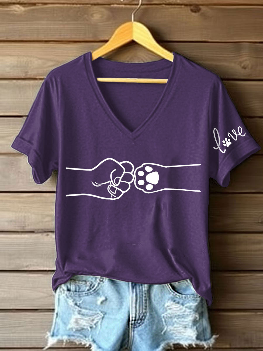 Women's Paw And Hand Printed Casual T-Shirt