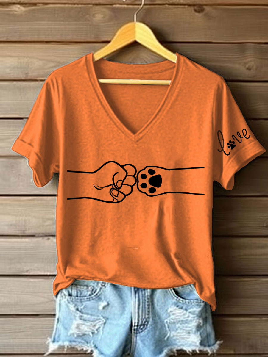 Women's Paw And Hand Printed Casual T-Shirt