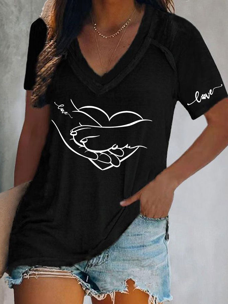 Women's Paw And Hand Printed Casual T-Shirt