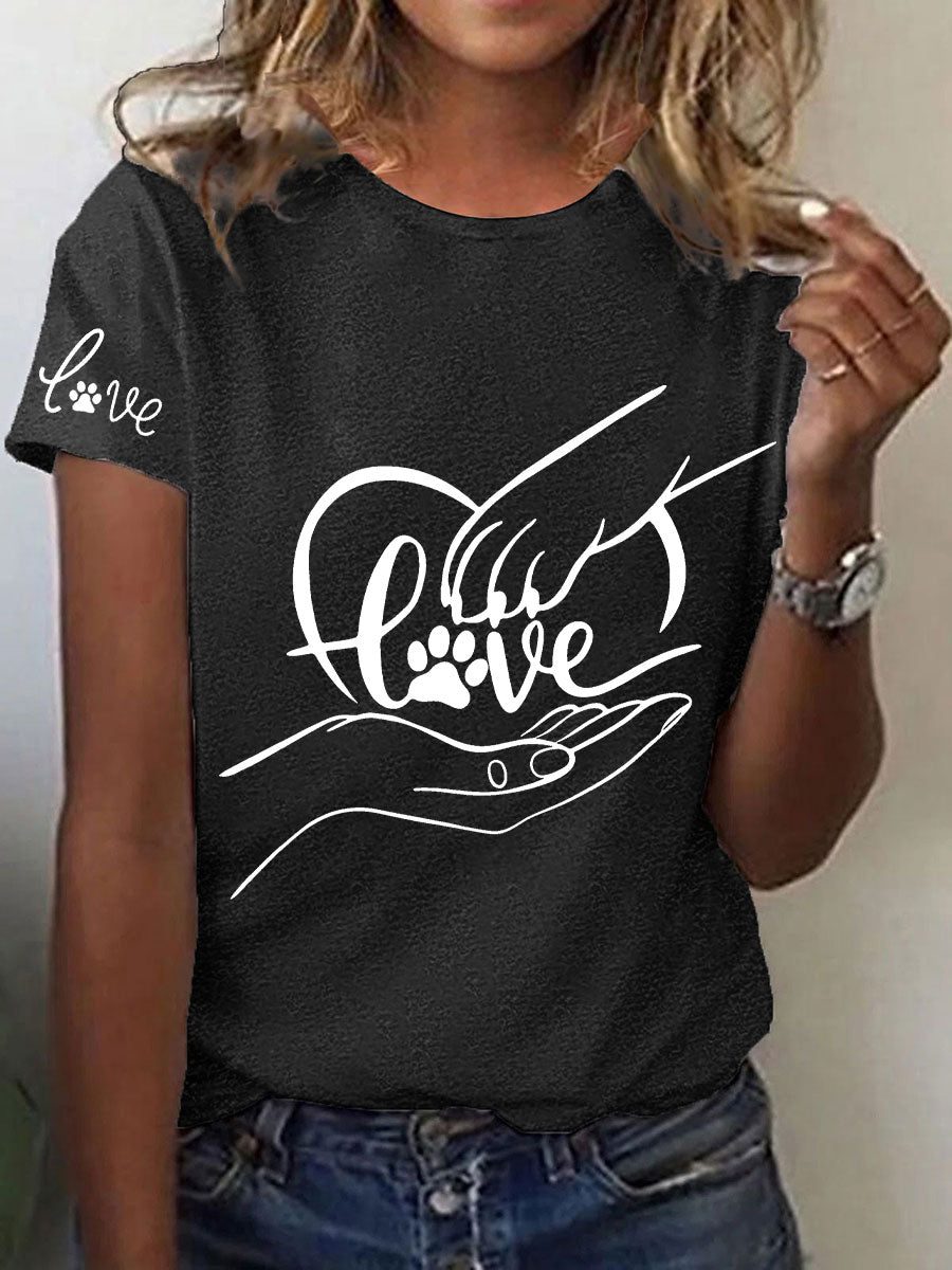 Women's Paw And Hand Printed Casual T-Shirt
