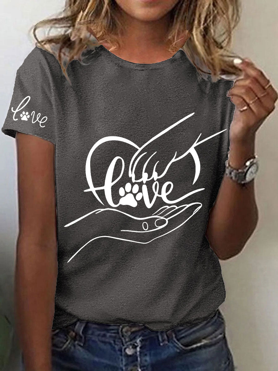 Women's Paw And Hand Printed Casual T-Shirt