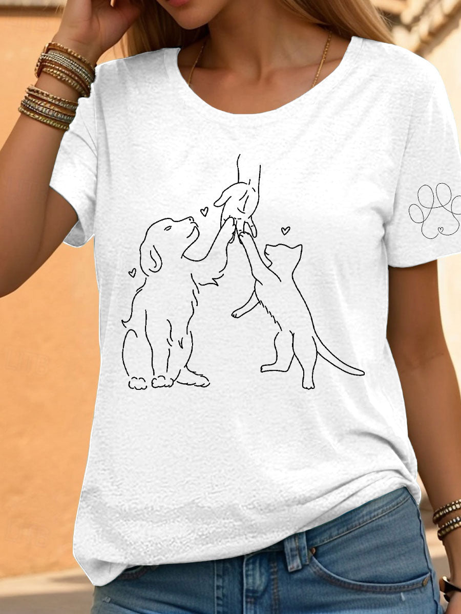 Women's Paw And Hand Printed Casual T-Shirt