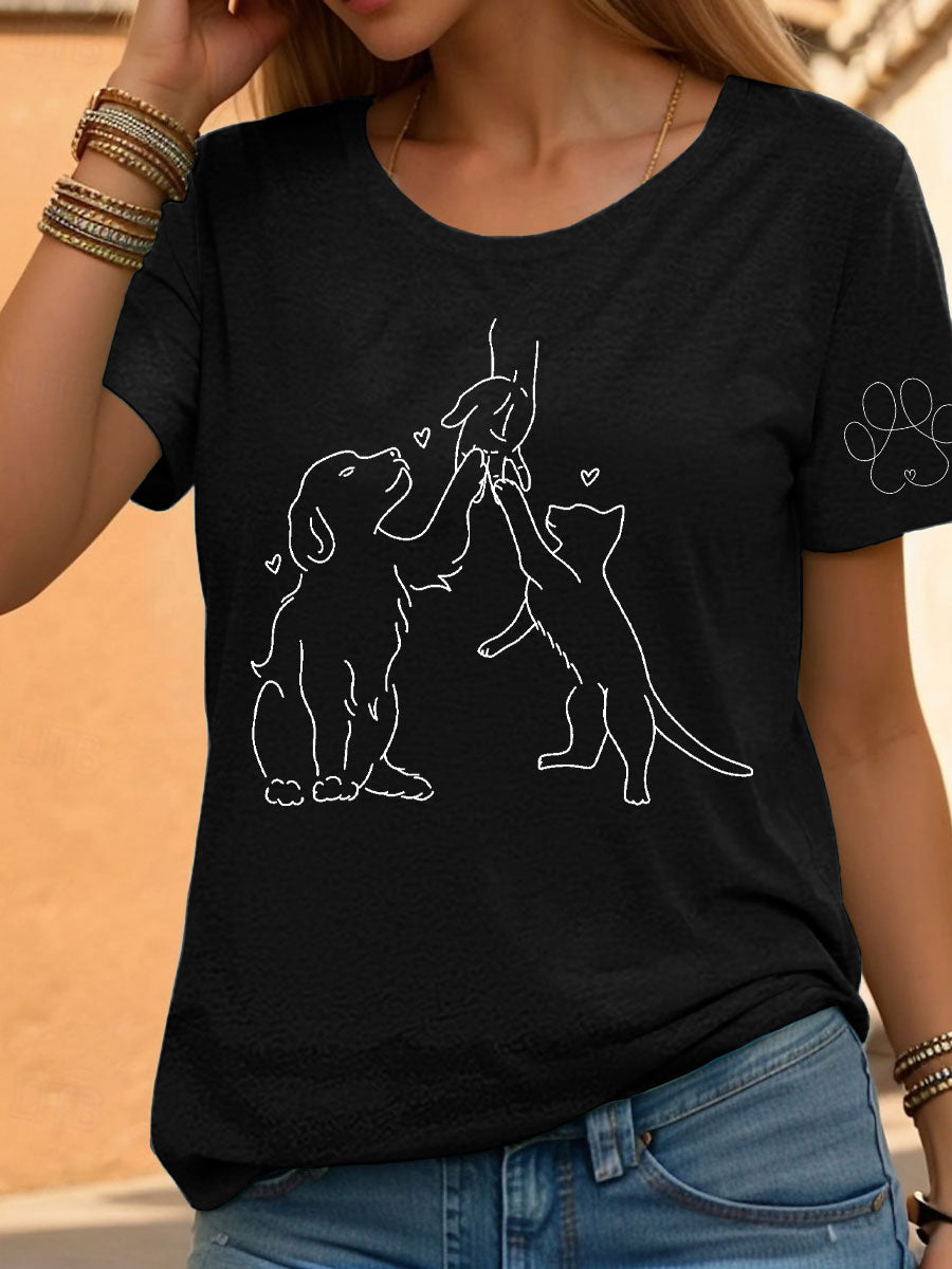 Women's Paw And Hand Printed Casual T-Shirt