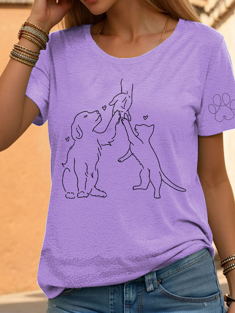 Women's Paw And Hand Printed Casual T-Shirt
