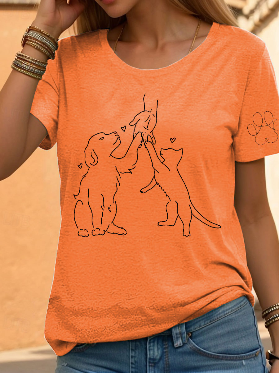 Women's Paw And Hand Printed Casual T-Shirt