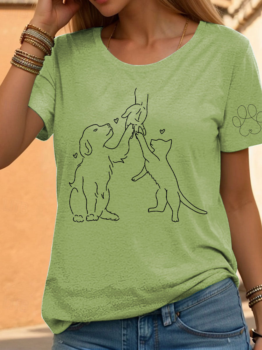 Women's Paw And Hand Printed Casual T-Shirt