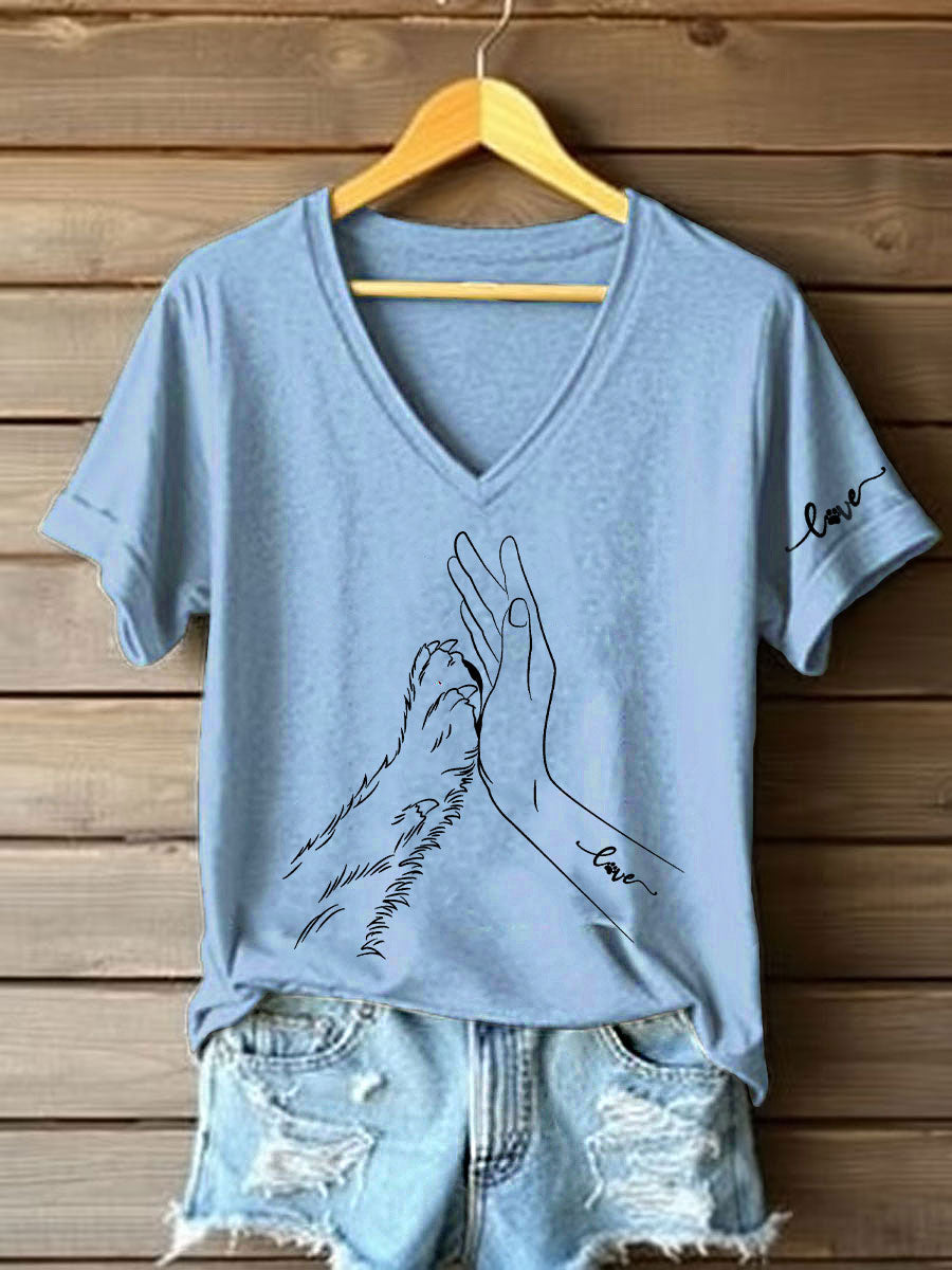 Women's Paw And Hand Printed Casual T-Shirt