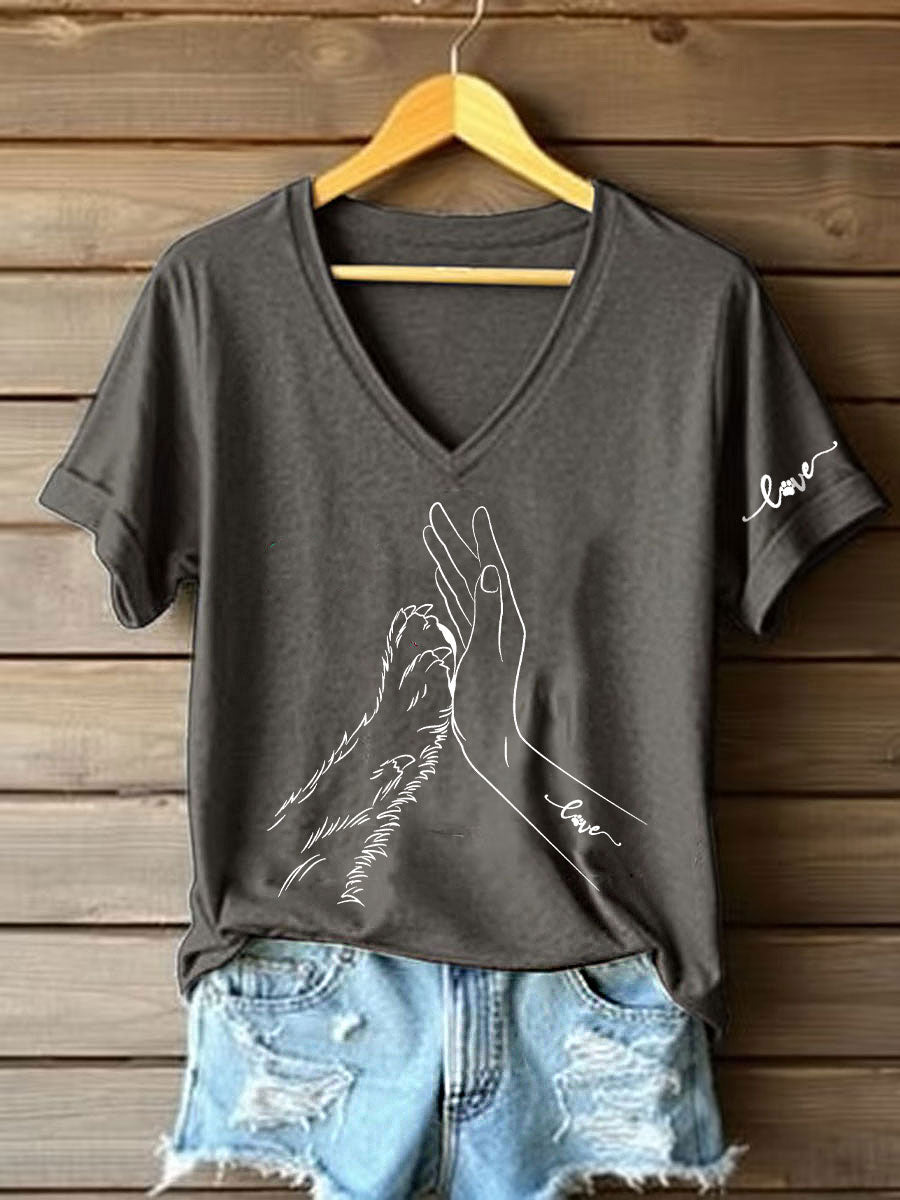 Women's Paw And Hand Printed Casual T-Shirt