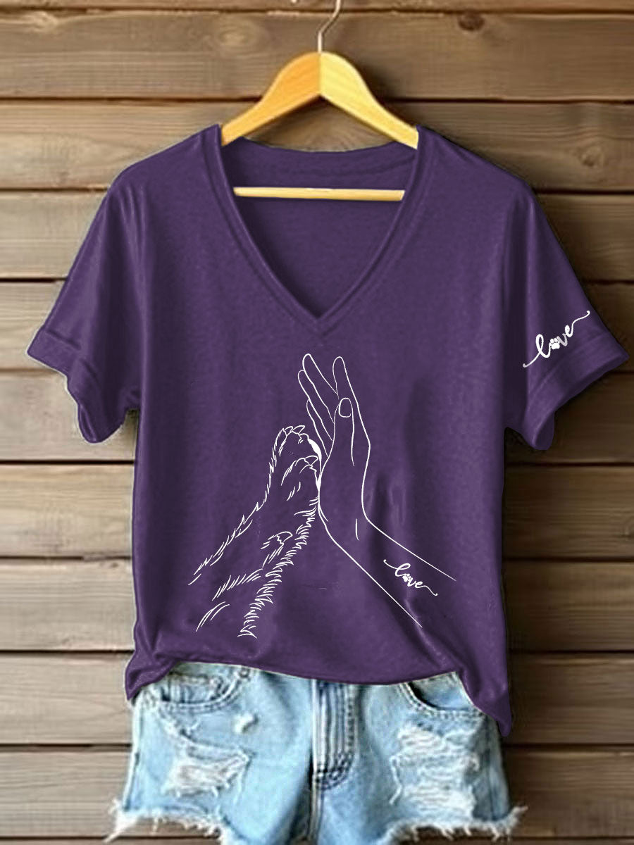 Women's Paw And Hand Printed Casual T-Shirt