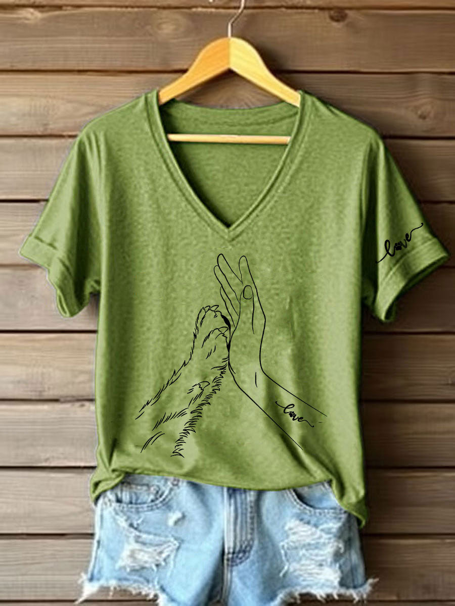 Women's Paw And Hand Printed Casual T-Shirt