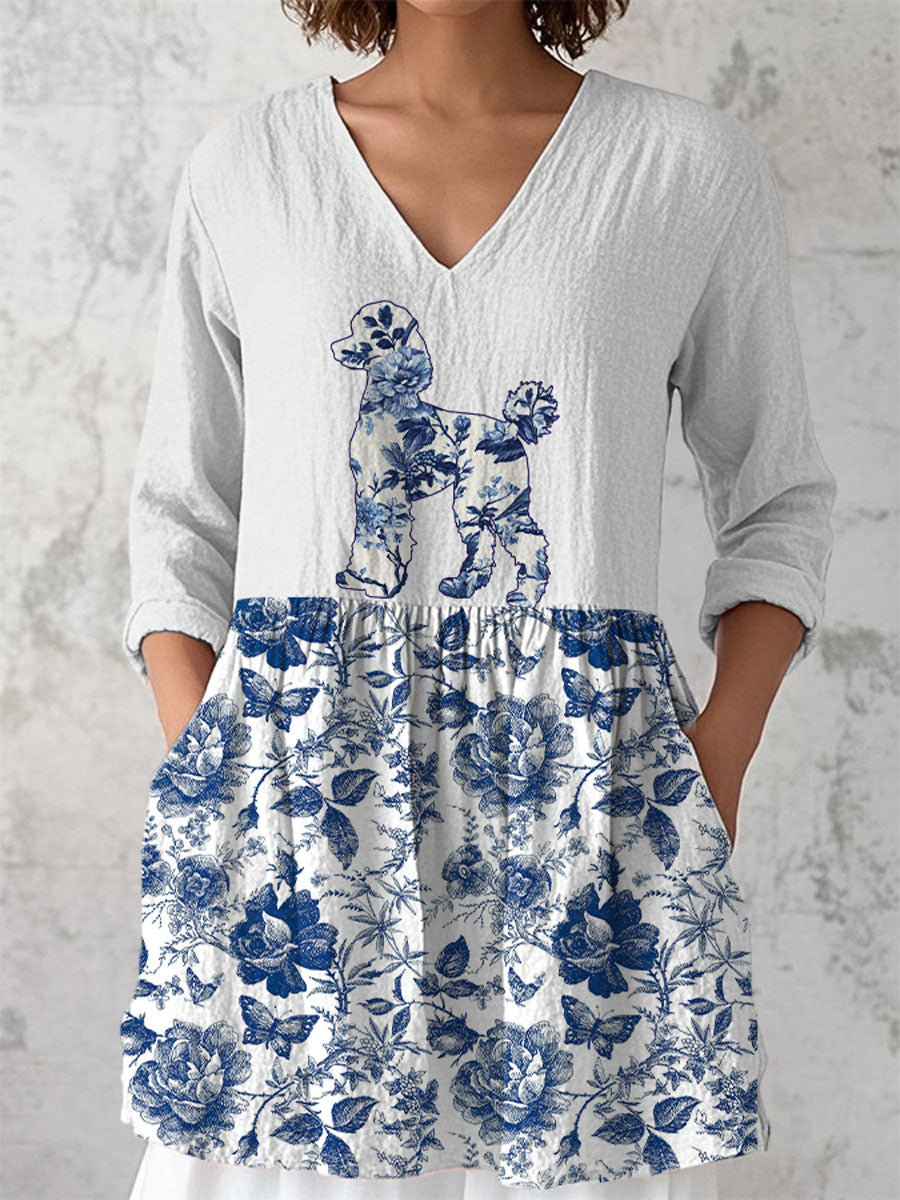 Women's Poodle Floral Cotton And Linen T-Shirt