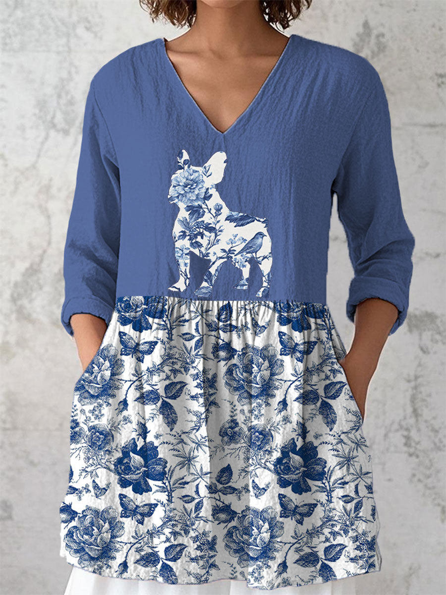 Women's Poodle Floral Cotton And Linen T-Shirt